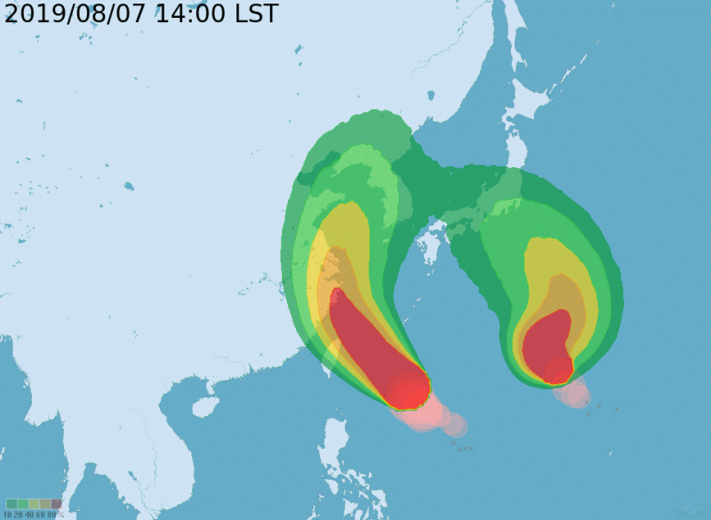 新竹以北的區域較有可能被颱風暴風半徑影響到，有機會放颱風假，而中南部比較沒有機會。   圖：中央氣象局/提供