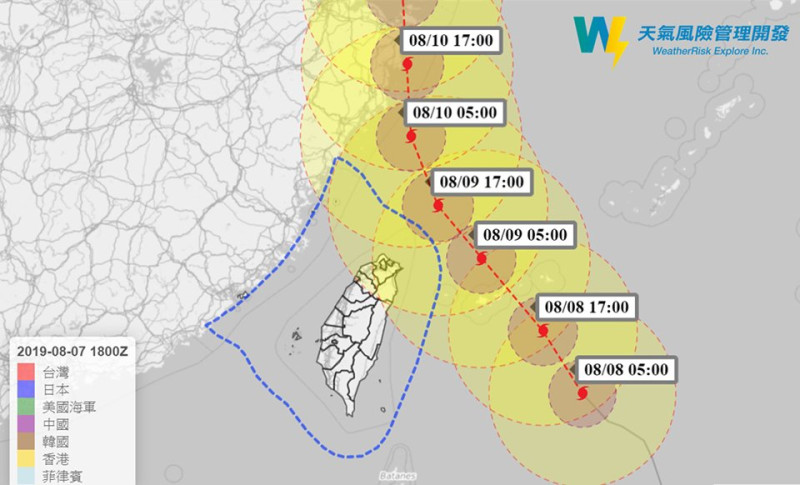 第9號颱風已增強為強烈颱風，暴風半徑亦稍擴大，目前中心在台北東南東方海面，向北北西移動。   圖：天氣風險公司/提供