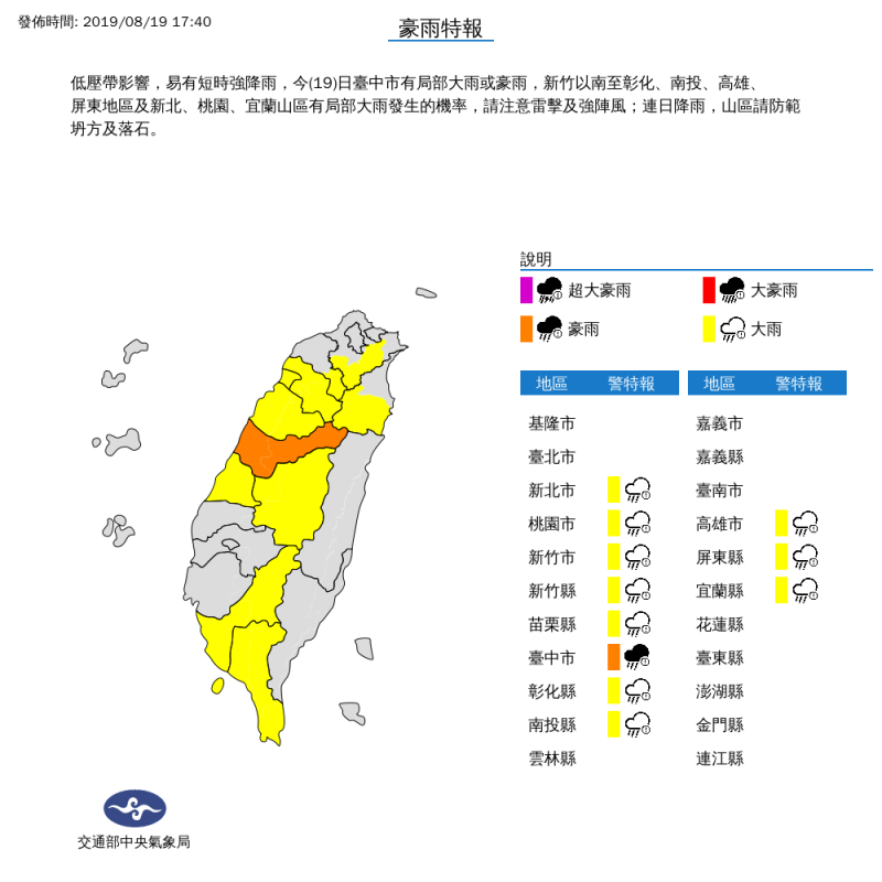 受低壓帶影響，中央氣象局表示，今（19）日台中市有局部大雨或豪雨。   圖：中央氣象局/提供