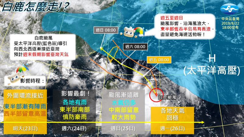中央氣象局表示，未來往西北朝台灣地區移動，明（23）日受颱風外圍環流影響，花東及宜蘭地區逐漸有間歇性短暫陣雨。   圖：中央氣象局/提供