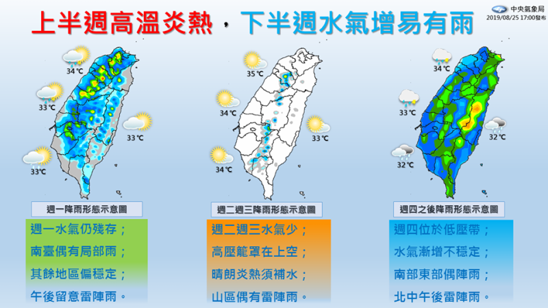 上班週高溫炎熱，下半週水氣增易有雨   圖：中央氣象局/提供