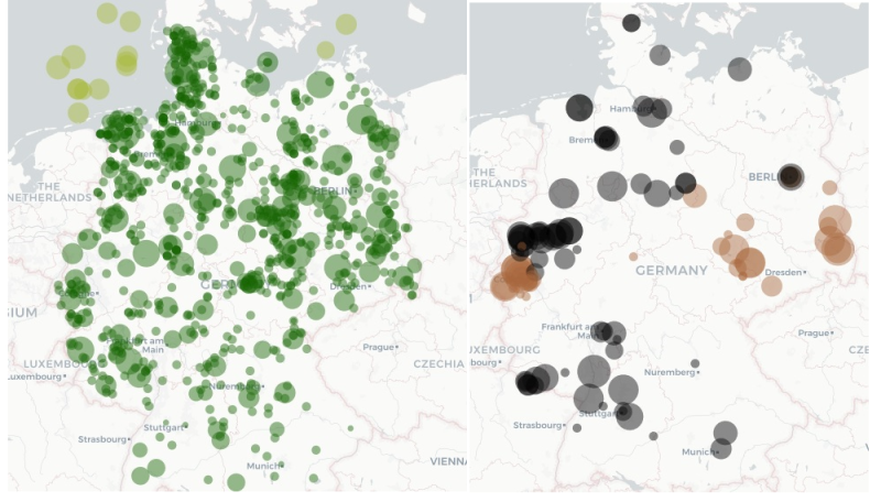 圖四：德國風電與褐煤分布圖。圖五:礦業勞動者歷年就業情況。圖五:礦業勞動者歷年就業情況。