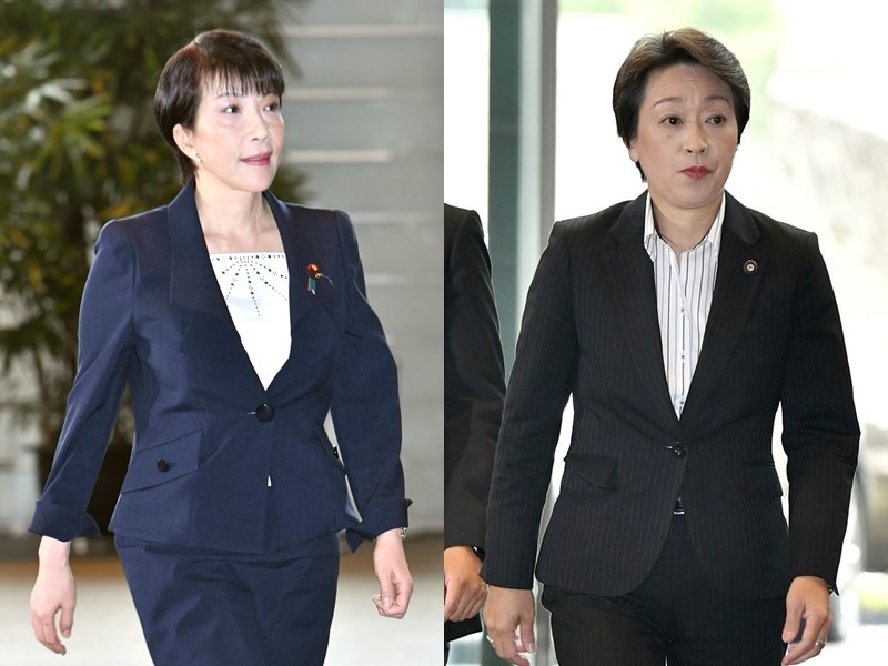 日本首相安倍晉三11日改組內閣，新內閣女性閣員有兩人，分別是總務大臣高市早苗（左）及東京奧運大臣橋本聖子（右）。（共同社提供）