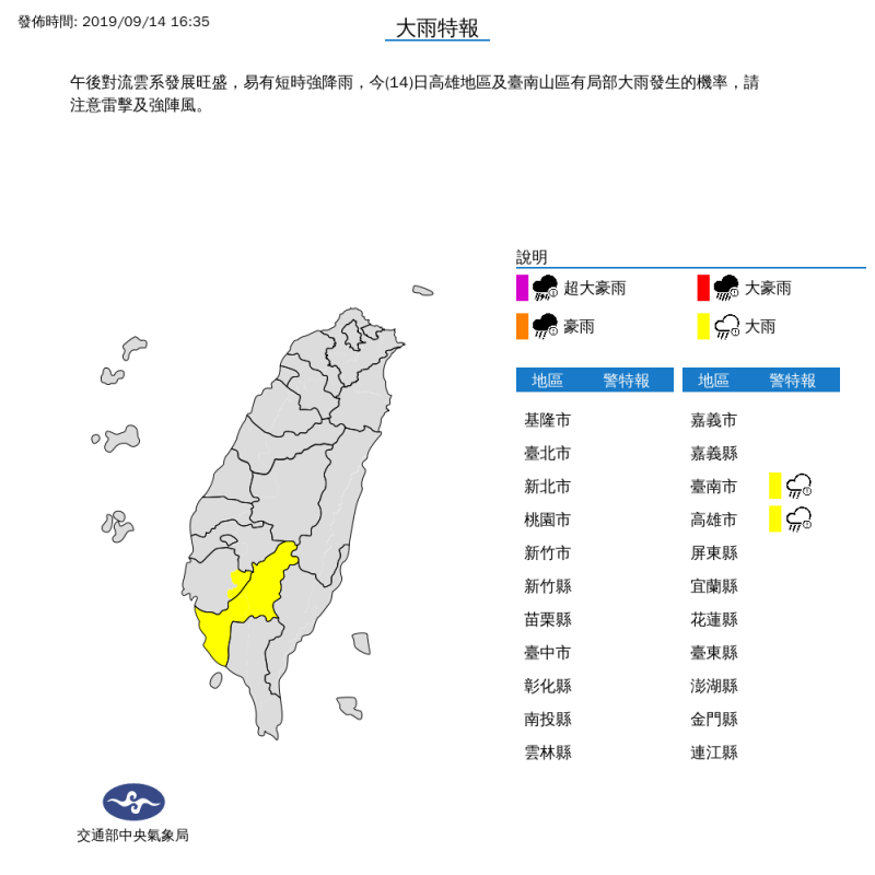 中央氣象局表示，高雄地區及台南山區有局部大雨發生的機率，請注意雷擊及強陣風。   圖：中央氣象局/提供