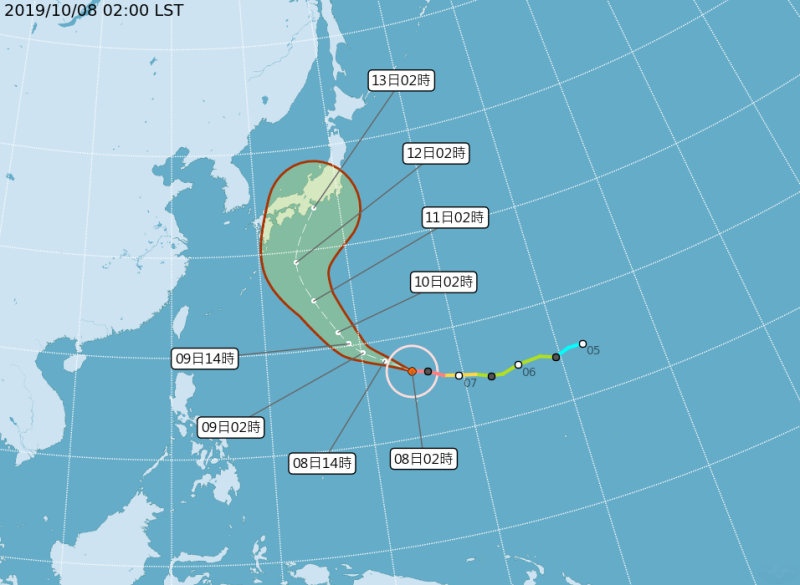 19號強烈颱風哈吉貝，今天凌晨2時距離鵝鑾鼻東南東方約2610公里之海面上，未來將朝西北西轉西北往日本南方海面移動   圖：中央氣象局/提供