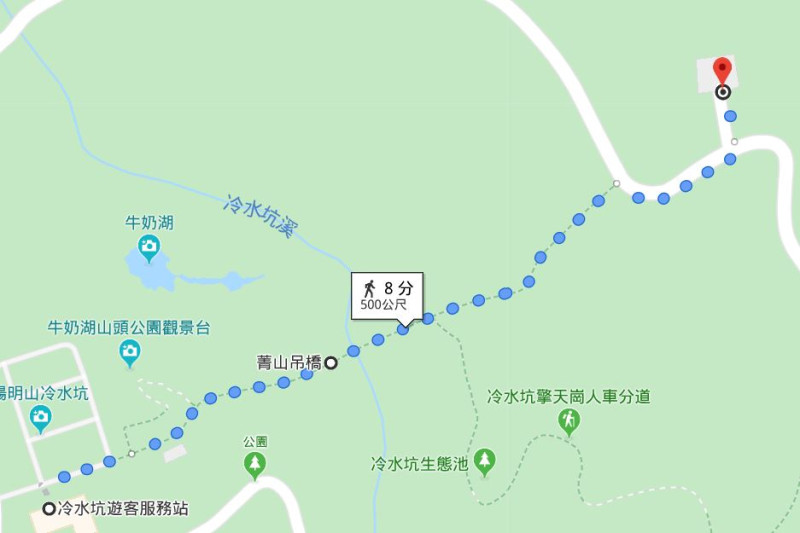 以冷水坑為中心，總路程步行不到10分鐘就可以輕鬆賞芒花跟落羽松。圖：翻攝自Google map