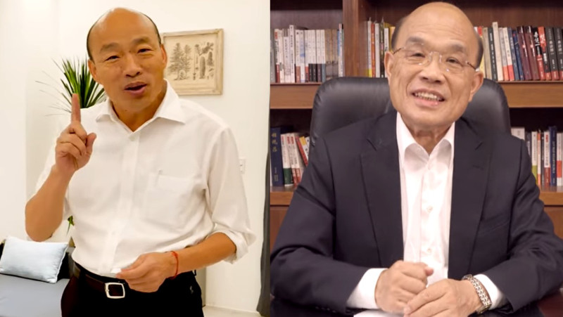 行政院長蘇貞昌 (右) 用「華人與狗」的比喻，批評韓國瑜歧視移工。圖 : 新頭殼合成。