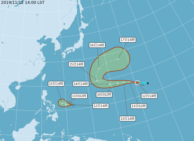原位於威克島西南方海面的熱帶性低氣壓於今（12）日14時發展為輕度颱風，編號第25號（國際命名FENGSHEN，中文譯名：風神）   圖：中央氣象局／提供