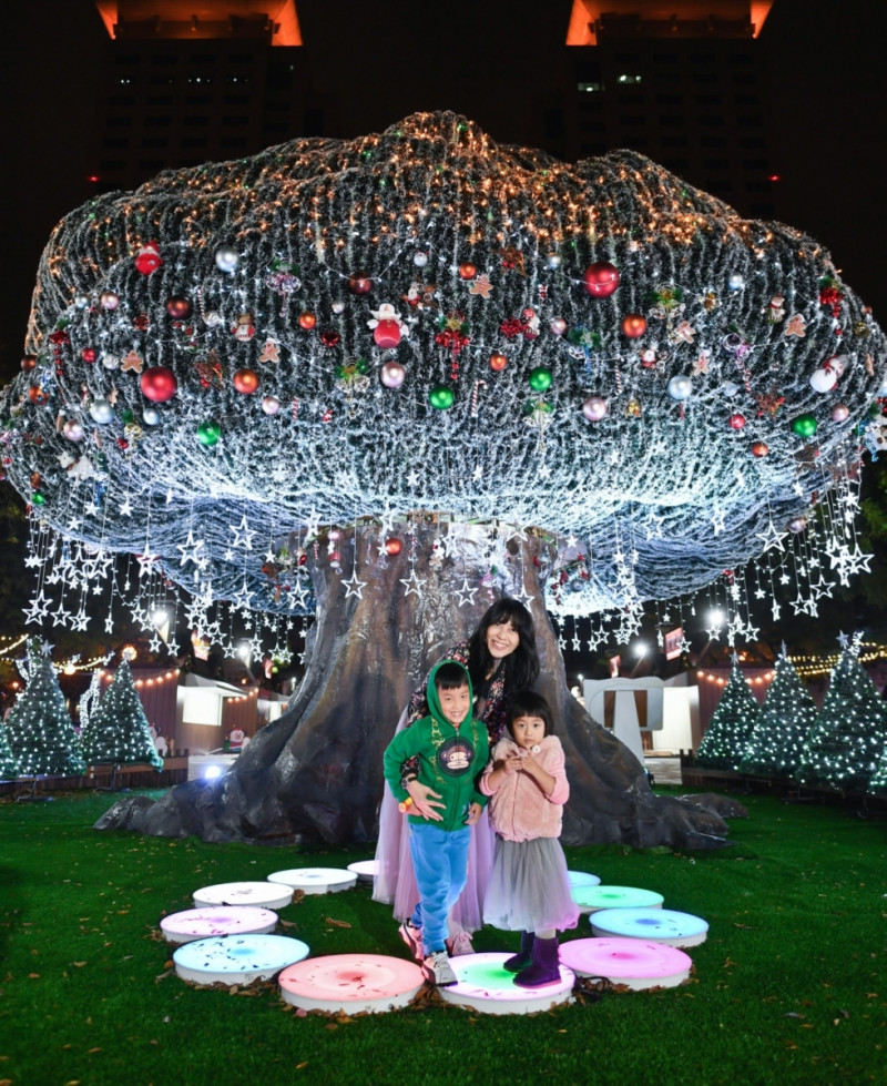 世界級藝術團隊運用機械、燈光打造出「活」的燈光樹，是這次耶誕城拍照大熱點之一。圖：新北市政府／提供