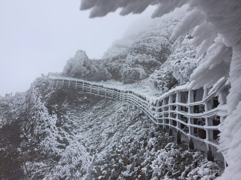 身為台灣第一高峰，玉山降雪相對是較稀鬆平常的事，甚至會形成一整片的霧淞景觀。不過，相對來說，在下雪時攀登玉山危險性也提高不少。從排雲山莊往玉山的路途會經過狹窄的山路，登頂前400公尺更需手腳並用攀岩，下雪並不建議上山。圖：翻攝自玉山國家公園臉書