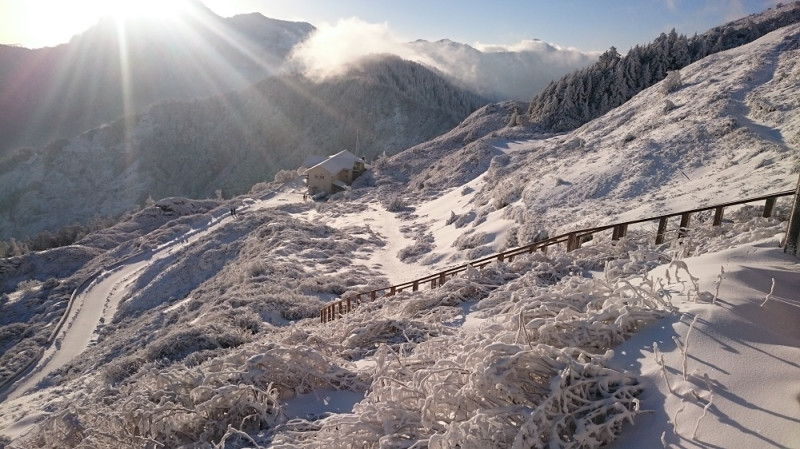 台灣高山進入降雪期，從明年元旦至3月1日合歡山實施雪季交通管制。   圖：東勢林管處／提供