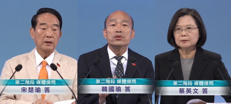 總統電視辯論會，由左至右宋楚瑜、韓國瑜、蔡英文。   圖：翻拍自公視