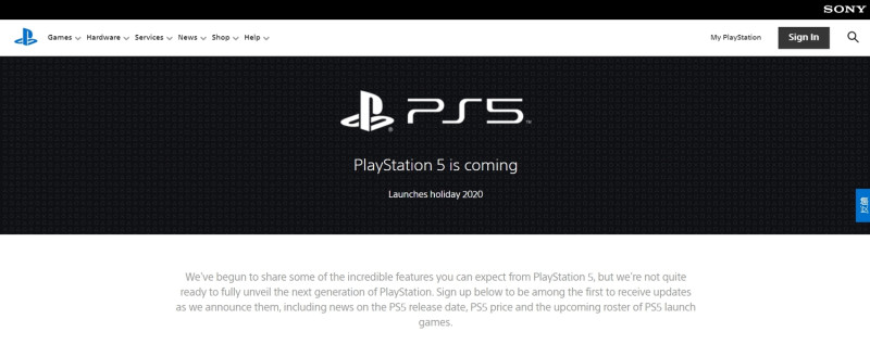 SONY索尼互動娛樂稍早於官方網站放上PS5事前登錄專頁。