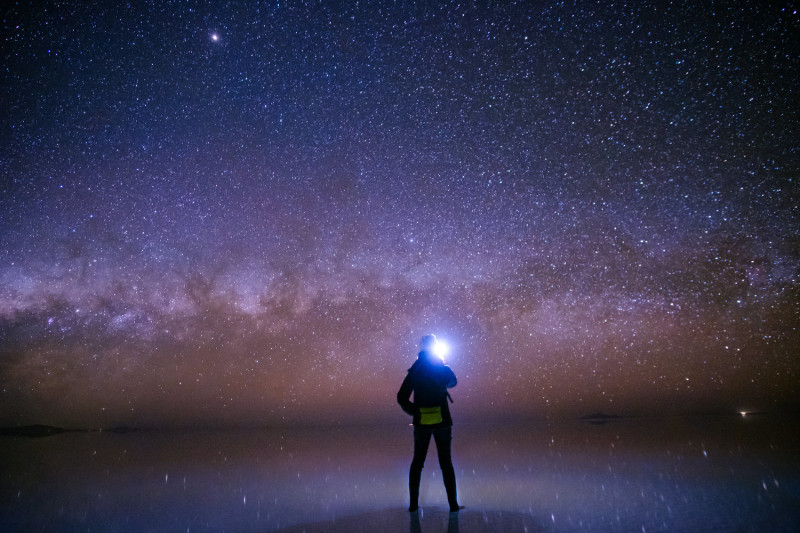 玻利維亞夜晚版的天空之鏡，地面上的水倒映出天上的銀河與星星。 圖：謝佳真／攝