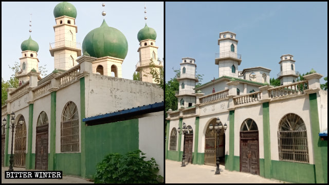 民權縣褚廟鄉清真寺5個圓頂和星月標誌全被拆除（前後對比圖） 圖：翻攝自《寒冬》