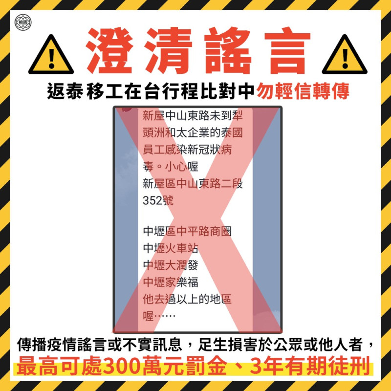 近日網路上及Line通訊軟體上卻流傳泰籍移工確診案移動足跡一事，對此，桃園市政府澄清，目前所流傳的各項移動足跡皆為未經證實的訊息   圖：桃園市政府/提供