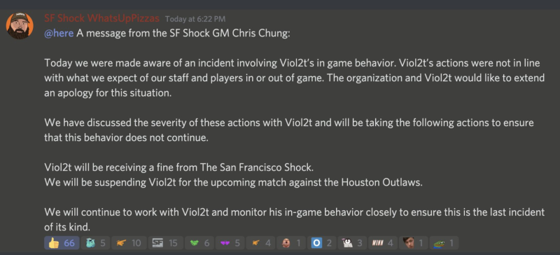 舊金山震動隊經理Chris Chung很快地就在隊伍Discord發布公告並致歉。 圖：翻攝自推特