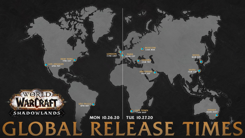 《魔獸世界：暗影之境》全球上市時間表。 圖：暴雪娛樂提供