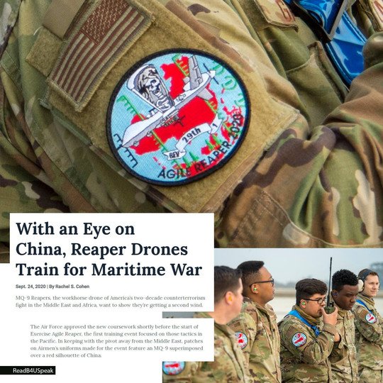 MQ-9「死神」無人機演練攻擊島礁，演習人員臂章上有中國地圖，被認為劍指中國。 圖 : 翻攝自美國空軍雜誌