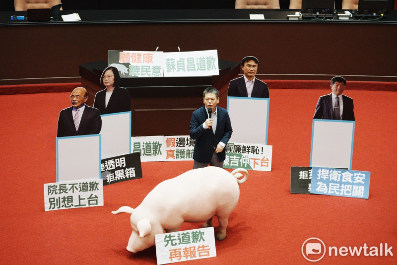 國民黨為抗議蔡政府強行開放含萊劑美豬，製造道具豬，多次在立法院議場使用。   圖：張良一/攝（資料照）