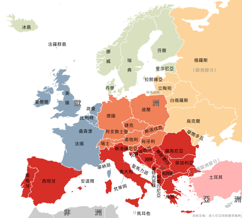 歐洲全圖，淺橘色部分為東歐區域。   圖：擷取自維基百科