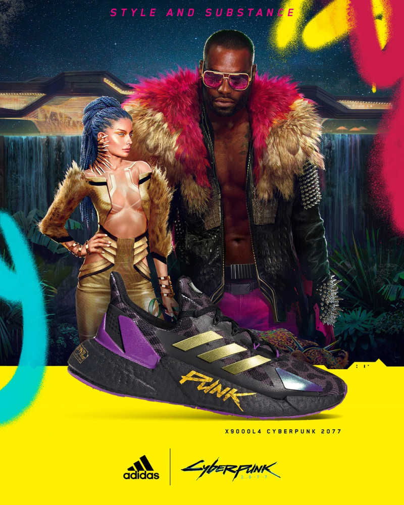 adidas X9000 L4 x Cyberpunk 2077 主打款紫金配色以《Cyberpunk 2077》「夜城」內誘惑奢糜、揮金如土的風格為靈感，象徵刺激的Cyberpunk遊戲旅程即將啟動。 圖：品牌提供