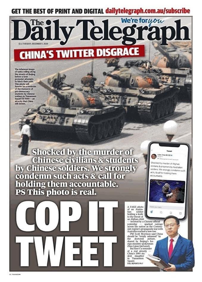 澳洲每日電訊報日前在頭版刊登著名的六四天安門廣場「坦克人」照片   圖：翻攝自推特
