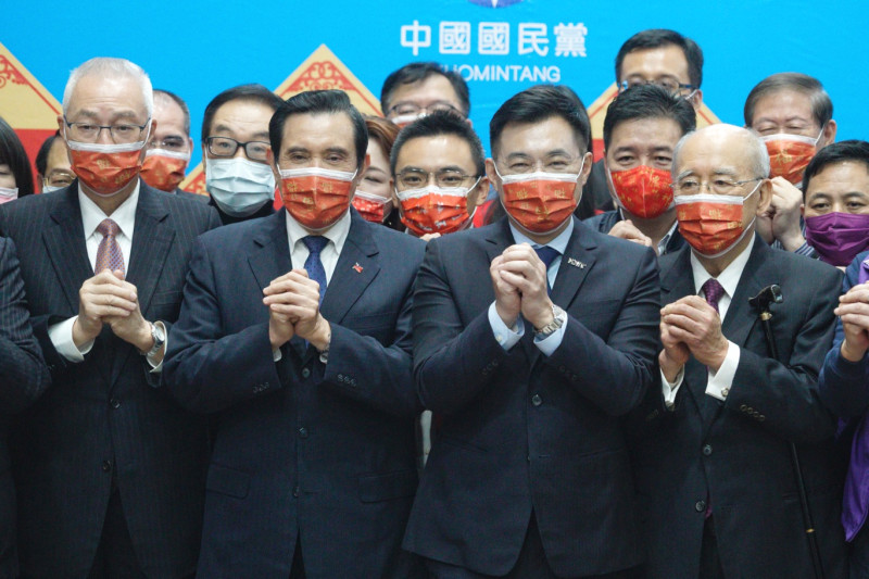 國民黨主席江啟臣、前主席馬英九、吳敦義、吳伯雄出席國民黨新春團拜。   圖：張良一/攝
