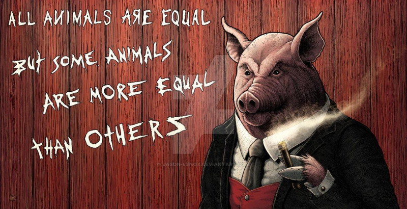 《動物農莊》一書到結局時，農莊的牆面上的只剩一條戒律：「所有動物一律平等，但有些動物比其他動物更加平等。」 圖：取自Etsy