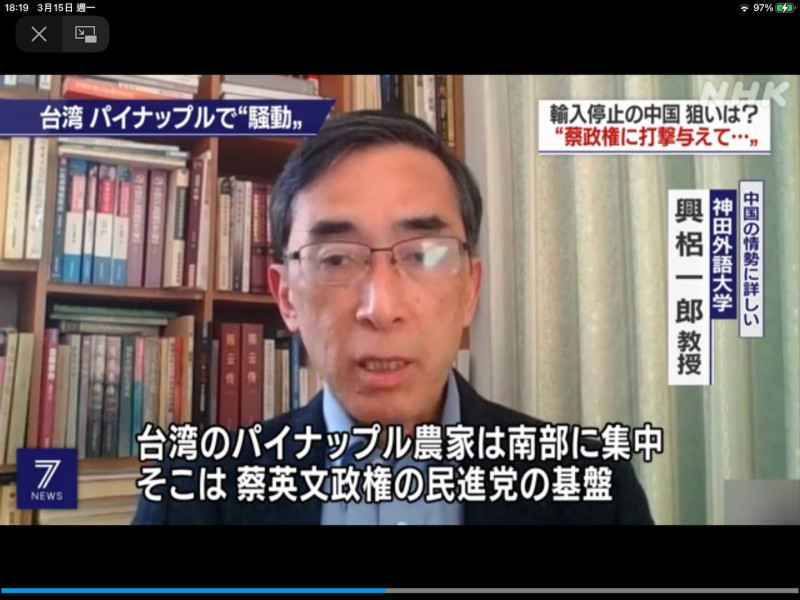 NHK新聞訪問日本學者也指出中國抵制台灣鳳梨是政治原因，因為鳳梨產地是支持蔡政府的台灣南部。 圖：攝自NHK