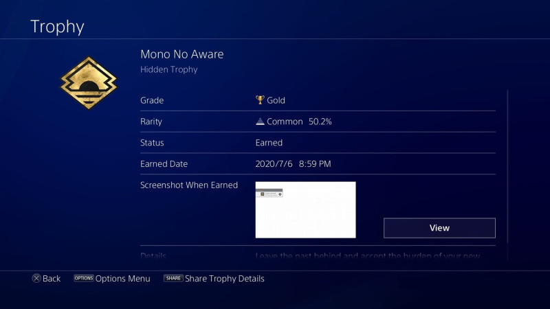 破完《對馬戰鬼》主線劇情的玩家都能在完成劇情模式結局後獲得「Mono No Aware」獎盃肯定。 圖：翻攝自UNGEEK