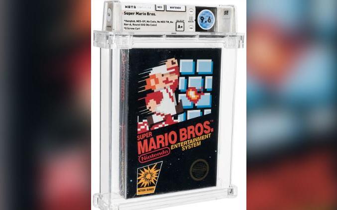 1986年發售之《超級瑪利歐兄弟》遊戲片，以66萬美元（約1900萬新台幣）天價拍出。   圖：翻攝自美國海瑞得拍賣公司（Heritage Auctions）
