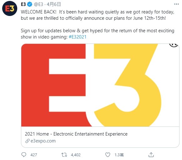 E3官方推特於6日正式宣布2021展覽日期。 圖：翻攝自E3官方推特