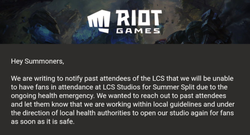 Riot在給粉絲的公開信中表示LCS夏季賽將不開放一般民眾入場。 圖：翻攝自Riot Games公開信