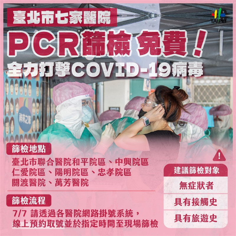 台北市自7日起將有七家醫院提供免費PCR   圖：台北市政府提供