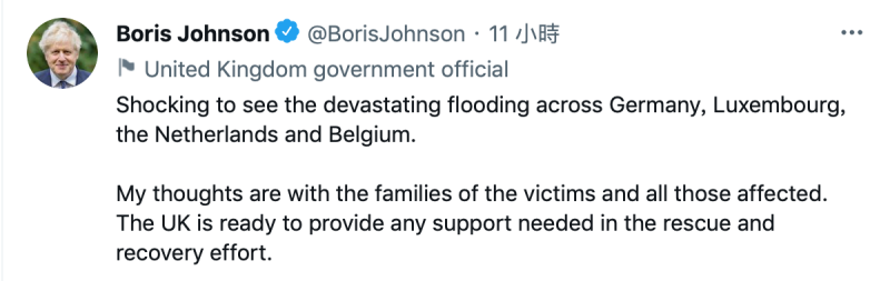 英國首相強森（Boris Johnson）也在推特上表示，英國已準備好在救援和恢復工作，提供任何所需的支持。   圖：翻攝自強森推特