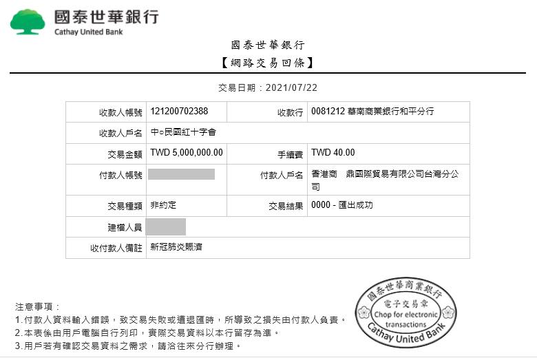 張亞中孫文學校臉書附捐款證明。   圖:翻攝自張亞中孫文學校臉書