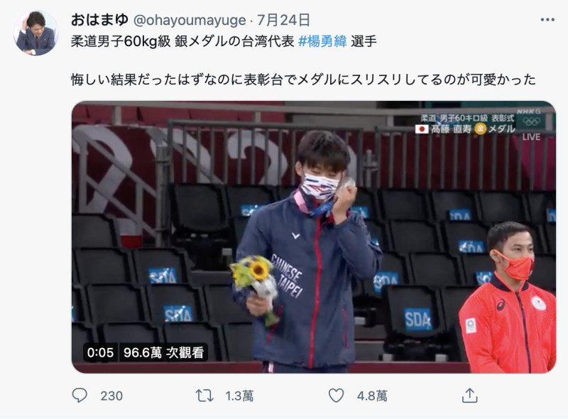 日本網友轉發NHK新聞影片表示，雖然對楊勇緯來說是有點遺憾的結果，但在頒獎台上蹭獎牌的樣子實在太可愛了。 圖：翻攝自@ohayoumayuge推特