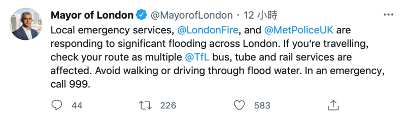 倫敦市長沙迪克汗（Sadiq Khan）發推文警告，倫敦消防局和倫敦警察局正在應對倫敦各地的嚴重洪災。   圖：翻攝自沙迪克汗推特