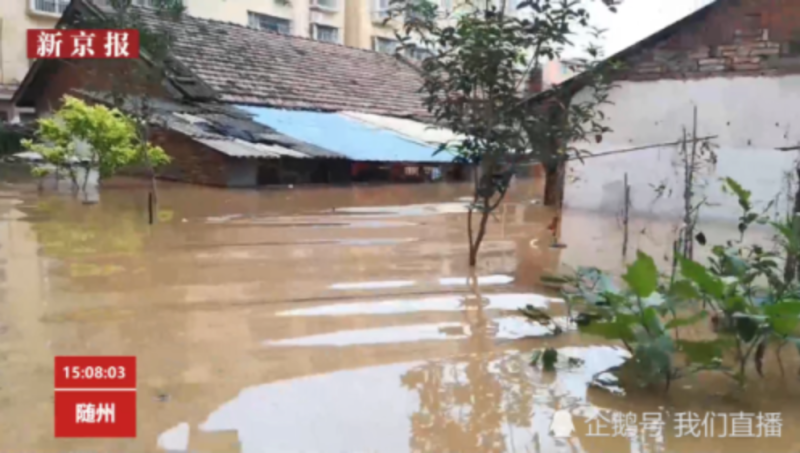 柳林鎮部分街道臨街房屋一層已被洪水淹沒。   圖：翻攝自新京報直播