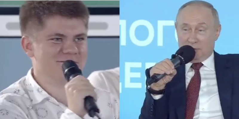 俄羅斯總統普丁（右）在一場學生座談會講述歷史，卻遭現場學生（左）糾正。   圖：翻攝自olliecarroll推特