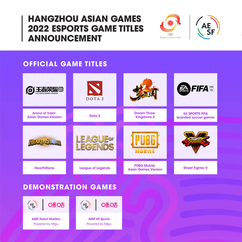 2022年杭州亞洲運動會之電子競技類別將包括8個正式項目及2個示範項目。 圖：翻攝自AESF粉絲專頁
