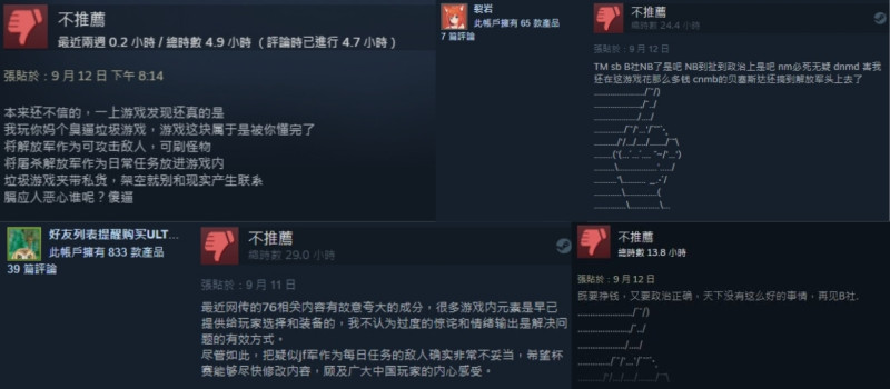 大批中國玩家出征《異塵餘生76》Steam頁面並給予負評。 圖：翻攝自《異塵餘生76》Steam頁面