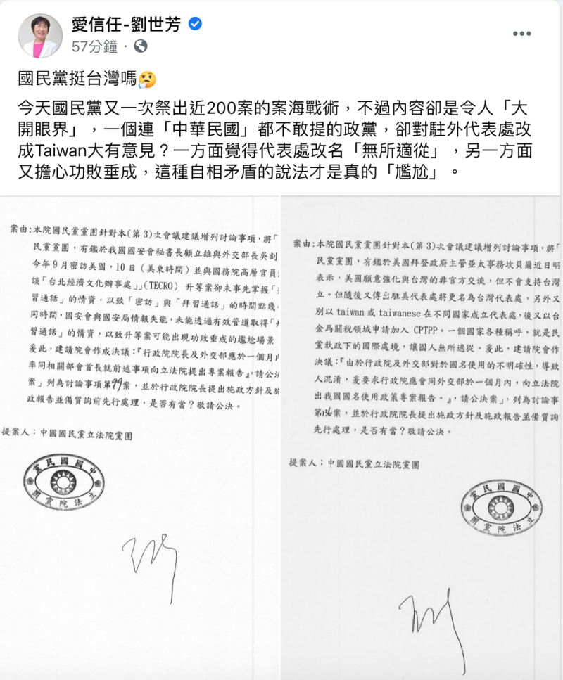 國民黨的兩項提案讓劉世芳直言，這種自相矛盾的說法，才是真的「尷尬」。   圖：翻攝自劉世芳臉書