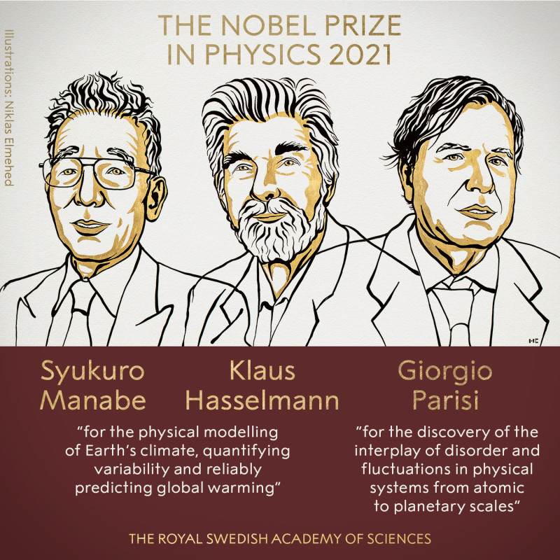 2021年諾貝爾物理獎今天公布，由日本學者真鍋淑郎、德國學者哈塞爾曼（Klaus Hasselmann）和義大利學者帕里西（Giorgio Parisi）三人獲獎。   圖：翻攝自諾貝爾獎臉書