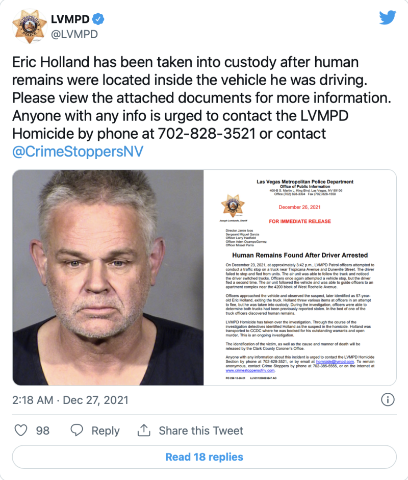 此前，警方發現霍蘭德車上載有人頭時，尚未逮捕到霍蘭德。   圖：擷取自 LVMPD 推特 