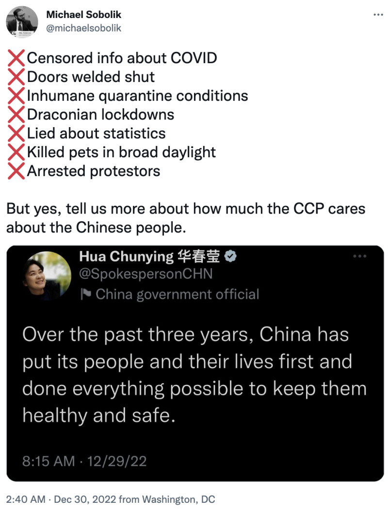 美國外交政策委員會印太研究研究員麥克‧索博利克(Michael Sobolik)回嗆華春瑩,點出中共七大罪。圖:翻攝自推特 美國外交政策委員會印太研究研究員麥克‧索博利克(Michael Sobolik)回嗆華春瑩,點出中共七大罪。圖:翻攝自推特