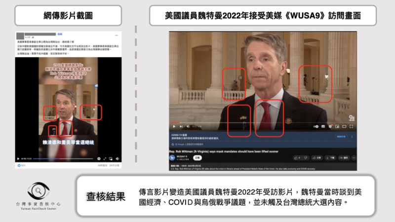  台灣事實查核中心指出，經查證，原新聞影片魏特曼所提內容完全與台灣總統大選無關。 圖：取自台灣事實查核中心 