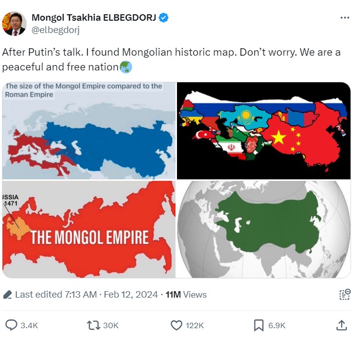 在蒲亭大放厥詞後，前蒙古總統額勒貝格道爾吉（Tsakhia Elbegdorj）2 月 12 日在社群平台 X（Twitter）上，發文嘲諷蒲亭的論調。 （圖／截圖自X） 