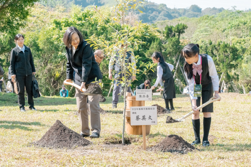  蔡英文出席植樹節活動，種下台灣原生樹苗。 圖：總統府提供 